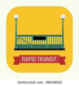 Cool rapid transit vector web or application icon with subway underground railway tube entrance and ribbon with sample text