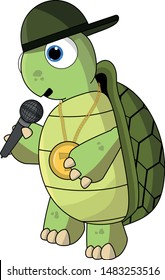 Cool rapping turtle, gangster with microphone, hat and gold medallion