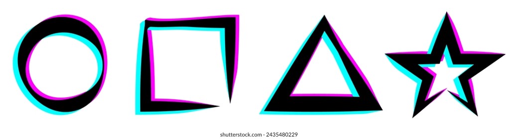 Cool Rave Glitch Quadrat-, Kreis-, Dreieck- und Sternformen. Moderne Symbole für Design. Flache Darstellung auf weißem Hintergrund isoliert. Vektor EPS 10