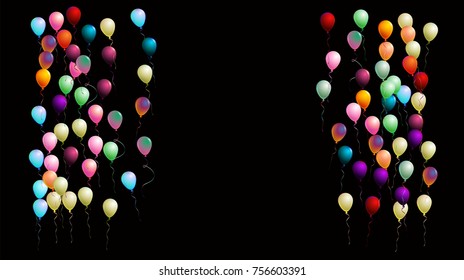 Cool Realistic Balloons, Colorful Vector Illustration. Creative Congratulations, Celebration, New Year, Birthday Party Poster, Banner Background. Flying or Falling Realistic Balloons Isolated on Black
