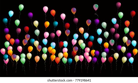 Cool Realistic Balloons, Colorful Vector Illustration. Creative Congratulations, Celebration, New Year, Birthday Party Poster, Banner Background. Flying or Falling Realistic Balloons Isolated on Black