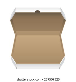 Cool Realistic Big White Opened Package. Cardboard Box for pizza. isolated on white background. Vector illustration