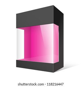 Cool Realistic Black Package Cardboard Box with a transparent plastic window. Vector illustration