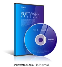 Estuche realista para discos DVD o CD con DVD o CD. Texto, reflexión y fondo sobre capas separadas. Ilustración vectorial