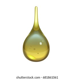 Cool realistic drop of green tea or olive oil. Yellowish green diaphanous droplet of invigorating natural liquid. Vector 3d isolated object useful for promo of tea, oil, juice and even lube or petrol.