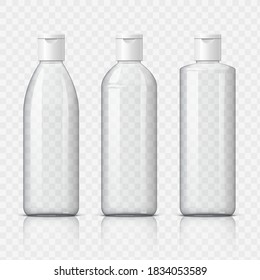 Cool Realistic plastic bottle on a transparent background. Cosmetic package collection for cream, soups, foams, shampoo. Vector Illustration