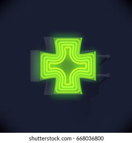 Cool realistic vector duty pharmacy marquee sign glowing with green light at night. Lit up neon drug store signboard in the dark