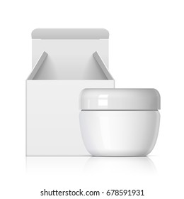 Cool Realistic white Cosmetic bottle With cardboard packing box . For cream, soups, ointments, glue and other cosmetics. Mock up for brand template. vector illustration.