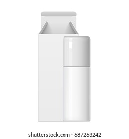 Cool Realistic white Cosmetic bottle can sprayer container. Dispenser for cream, soups, and other cosmetics With cardboard packing box . Mock up for brand template. vector illustration.