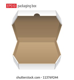 Cool Realistic White Opened Package. Cardboard Box for pizza. isolated on white background. Vector illustration