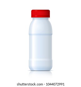 Cool Realistic White plastic bottle with red lid. Product Packing medicine. Various fluids Vector Illustration