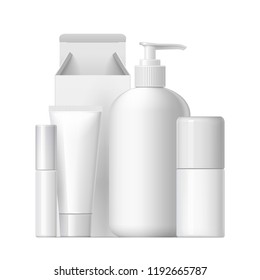 Cool Realistic White plastic bottle. Product Packing Cosmetic, medicine. Various fluids Vector Illustration