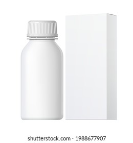 Frío botella de plástico blanco realista. Empaquetado de productos Cosméticos, medicina. Ilustración vectorial de varios fluidos