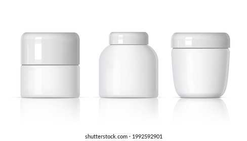 Cool Realistic White plastic bottle set. Product Packing Cosmetic, medicine. Various fluids Vector Illustration