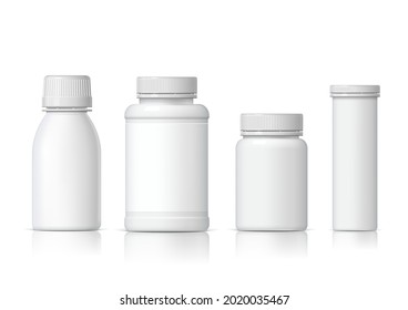 Cool Realistic White plastic bottle set. Product Packing medicine. Various fluids Vector Illustration