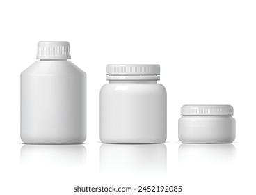 Frasco de plástico blanco realista fresco. Producto Embalaje Cosmético, medicina. Ilustración vectorial de varios líquidos