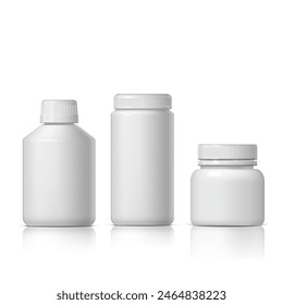 Frasco de plástico blanco realista fresco. Producto Embalaje Cosmético, medicina. Ilustración vectorial de varios líquidos