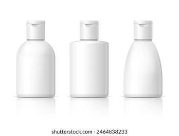 Frasco de plástico blanco realista fresco. Producto Embalaje Cosmético, medicina. Ilustración vectorial de varios líquidos