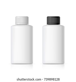 Cool Realistic White plastic bottle. Set Product Packing medicine. Various fluids Vector Illustration