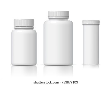 Cool Realistic White plastic bottle set. Product Packing medicine. Various fluids Vector Illustration