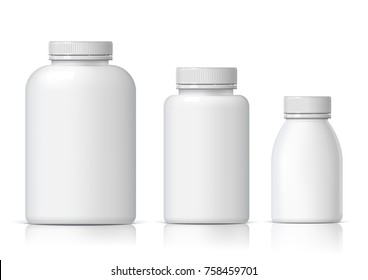 Cool Realistic White plastic bottle set. Product Packing medicine. Various fluids Vector Illustration