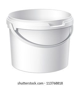 Cool Realistic White plastic bucket. Product Packaging For food, foodstuff or paints, adhesives, sealants, primers, putty. Vector