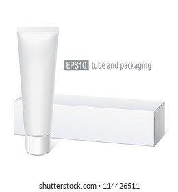 Cool Realistic white tube and packaging. For cosmetics, ointments, cream, tooth paste, glue Vector. Separate elements