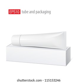 Cool Realistic white tube and packaging with wide cap. For cosmetics, ointments, cream, tooth paste, glue Vector. Separate elements