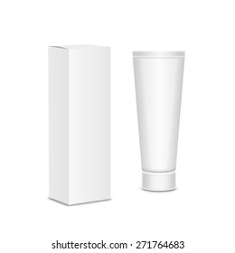 Cool Realistic White Tube And Packaging. For Cosmetics Ointments, Cream, Tooth Paste, Glue  Vector. 