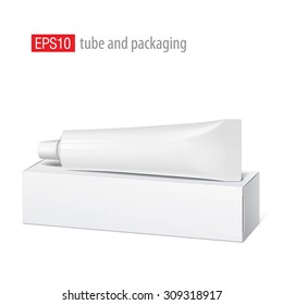 Cool Realistic white tube and packaging. For cosmetics, ointments, cream, tooth paste, glue Vector. Separate elements