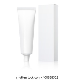 Cool Realistic white tube and packaging. For cosmetics, ointments, cream, tooth paste, glue Vector. Separate elements