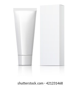 Cool Realistic White Tube And Packaging. For Cosmetics, Ointments, Cream, Tooth Paste, Glue Vector. Separate Elements