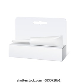 Cool Realistic white tube and packaging with Hang Slot. For cosmetics, ointments, cream, tooth paste, glue. Separate elements. vector illustration.