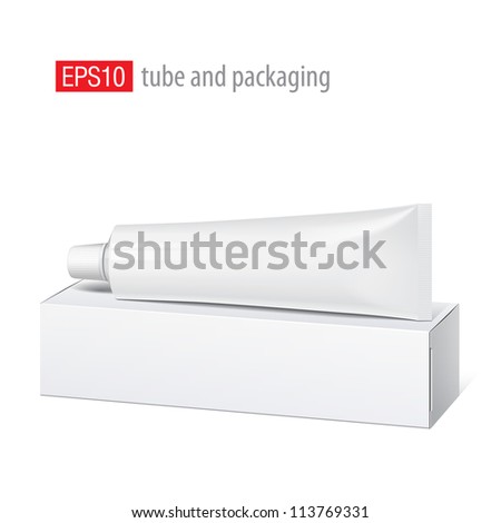 Cool Realistic white tube and packaging. For cosmetics, ointments, cream, tooth paste, glue Vector. Separate elements