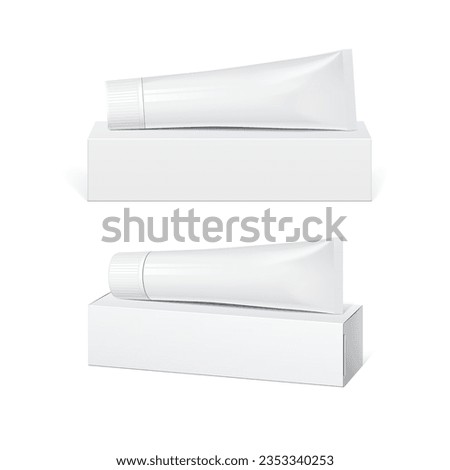 Cool Realistic white tube and packaging. For cosmetics, ointments, cream, tooth paste, glue. Template For Mockup Your Design. vector illustration.