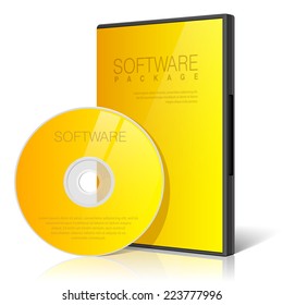 Cool Realistic Yellow Case for DVD Or CD Disk with DVD Or CD Disk. Text, reflection and background on separate layers. Vector Illustration