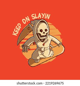 Cool Reaper riding a board vector illustration. Sports, funny, brand design concept.