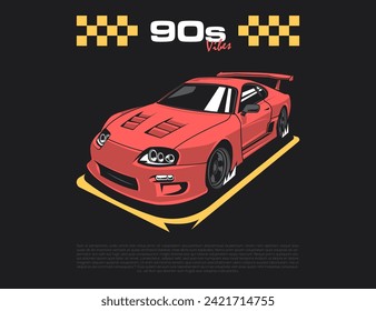 cool red accent of famous 90s car vector illustration design with text backdrop