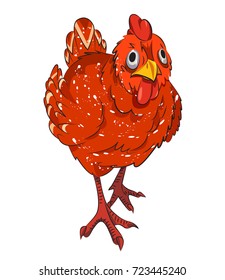 Cool red chicken walking, cartoon image. Artistic freehand drawing.
