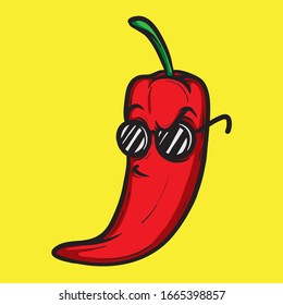 Cool red chili pepper character wearing sunglasses. Vegetable character concept, spicy