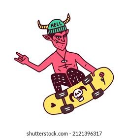 Cool red devil with beanie hat freestyle with skateboard. illustration for t shirt, poster, logo, sticker, or apparel merchandise.