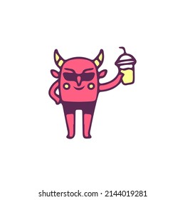 Cool red devil wearing sunglasses and holding fresh drink, illustration for t-shirt, sticker, or apparel merchandise. With doodle, retro, and cartoon style.