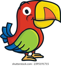 Cool red green toucan with yellow orange beak cartoon illustration