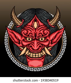 Cool red hannya mask illustration. Premium vector.