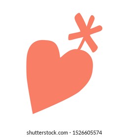 Cool red heart with a star. Calligraphic vector logo in trendy coral red, graffiti style. Love themed hand drawn symbol, quirky clip art. Arty element for print, tote, t-shirt design, health awareness