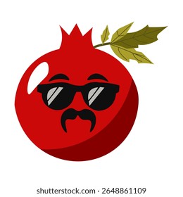 Personagem romã vermelho fresco com óculos escuros e um bigode. Design de mascote de frutas bonito para alimentos saudáveis ou conteúdo divertido.