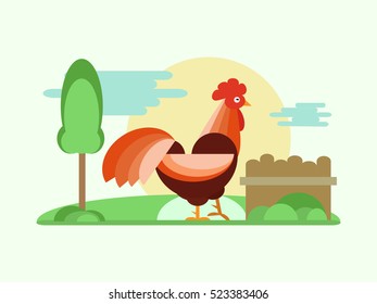 Cool red rooster illustration with tree, fence, sky, clouds and plants