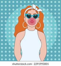 Cool redhead woman with chewing gum on light blue background