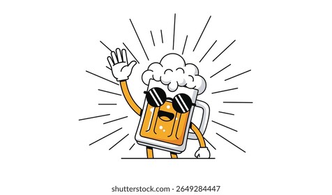 A Cool Refreshing Glass of Beer Waving Hello with Sunglasses and Rays emanating from its Head