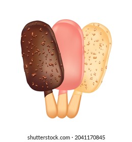 Cool refreshing ice cream or lolly on wooden stick with milk chocolate, pink glaze and chopped hazelnuts isolated on white background. Summertime ready-to-eat frosty food vector illustration for cafe.